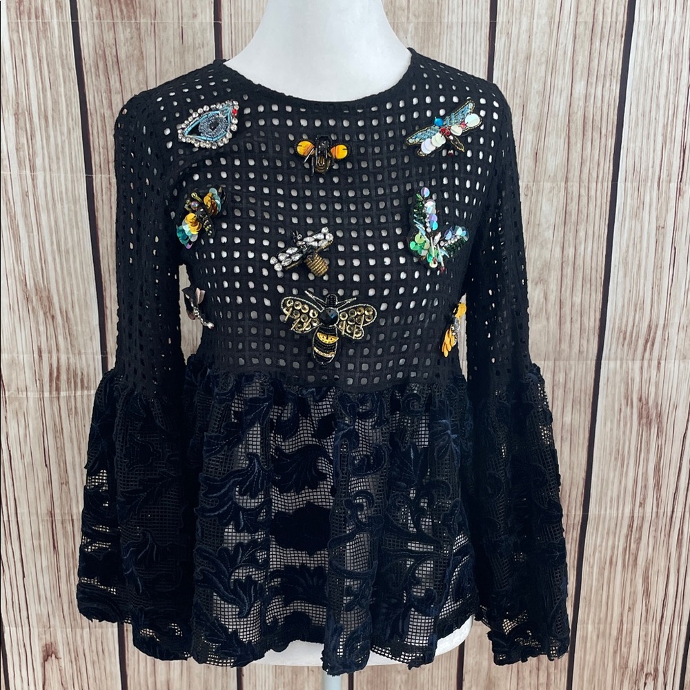 *Dor Dor Chic Black Beaded Insect Embellished Women's Lacy Blouse - Size Small